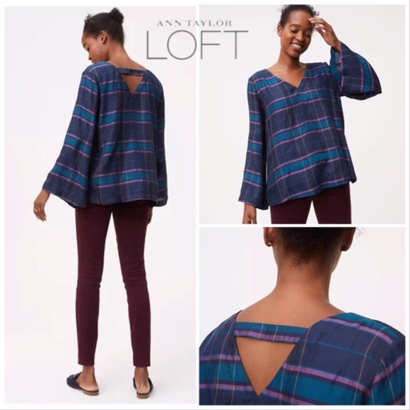 LOFT Tops - LOFT Plaid V-neck Blouse Bar Back Bell Sleeve Top